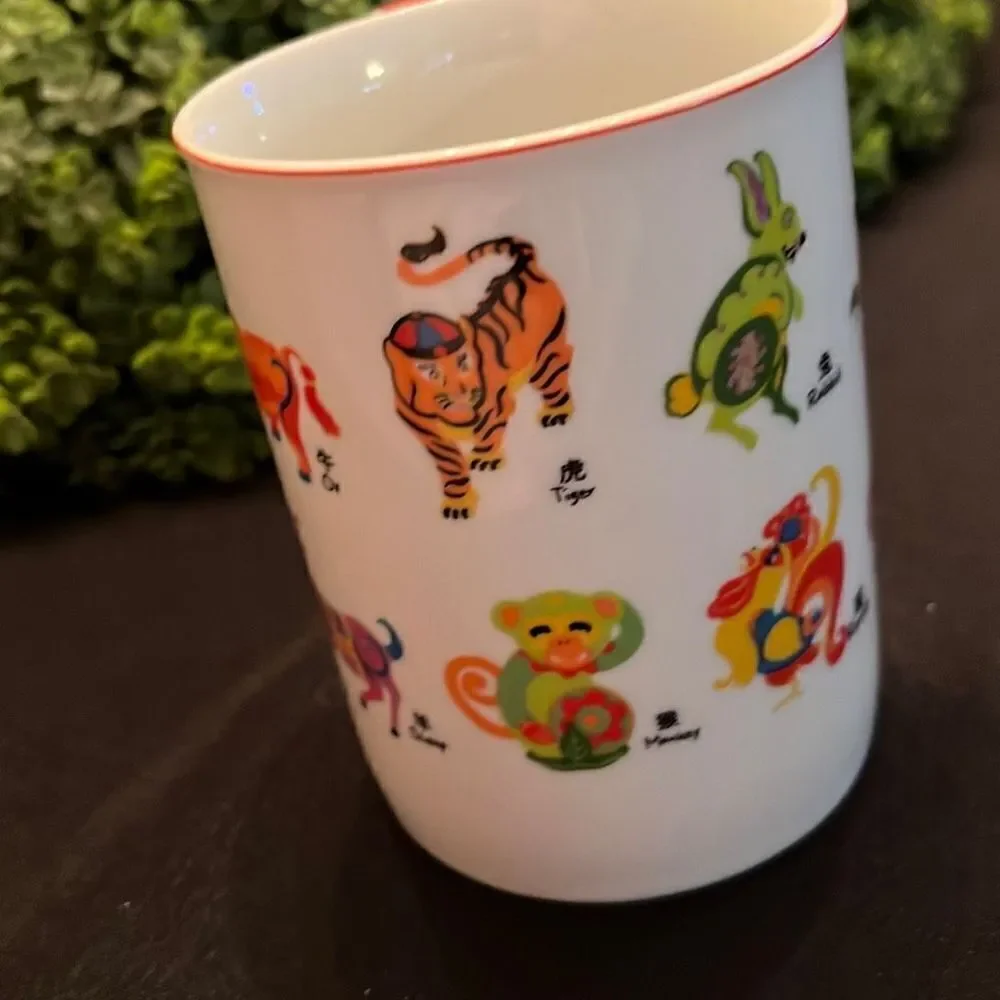 Pier 1 Chinese Zodiac Coffee Tea Mug Cup Porcelain White Red Handle